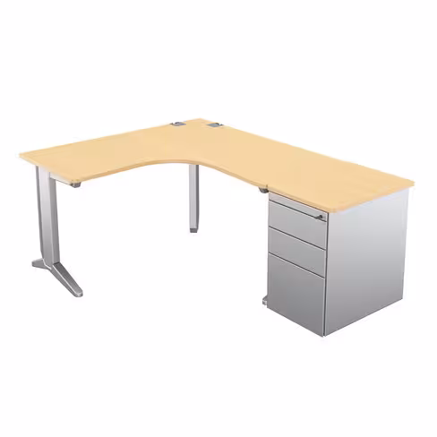 Bureau compact 90° symétrique Fusion - l. 140 x pr. 66 cm + caisson façade métallique - pieds C
