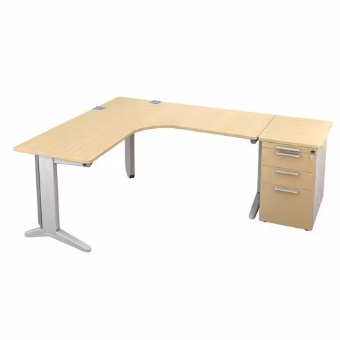 Bureau compact 90° symétrique Fusion - l. 140 x pr. 66 cm + caisson façade mélaminé - pieds C