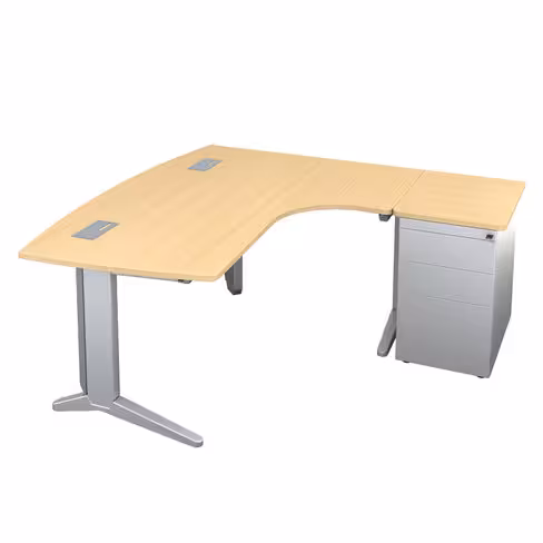 Bureau ergonomique compact 90° asymétrique Fusion - l. 170 x l. 120 x pr. 80-66 cm + caisson sur retour métal - pieds C