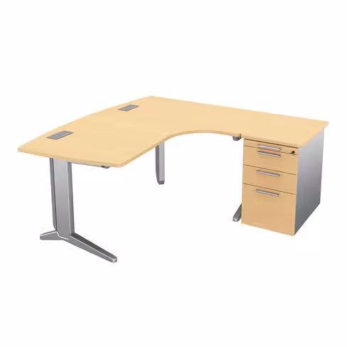 Bureau ergonomique compact 90° asymétrique Fusion - l. 170 x l. 120 x pr. 80-66 cm caisson sur retour mélaminé - pieds C