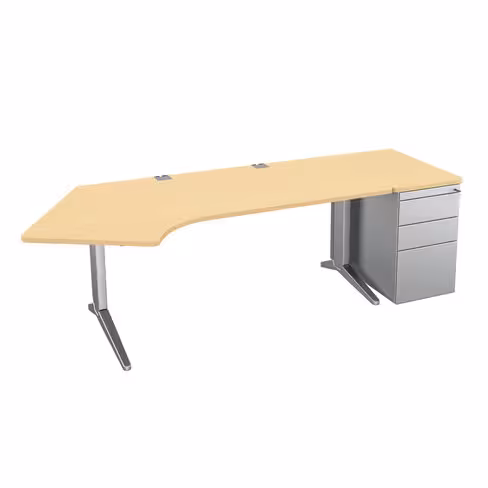 Bureau compact 120° asymétrique Fusion - l. 160 x l. 80 x pr. 80-66 cm + caisson façade métallique - pieds C