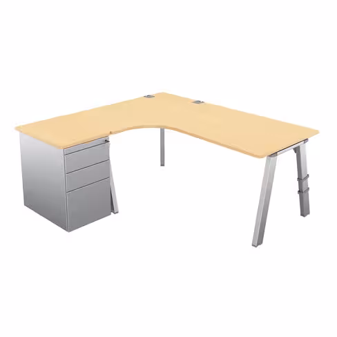 Bureau compact 90° asymétrique Fusion - l. 180 x l. 120 x pr 80-66 cm + caisson sur retour façade métallique - 4 pieds