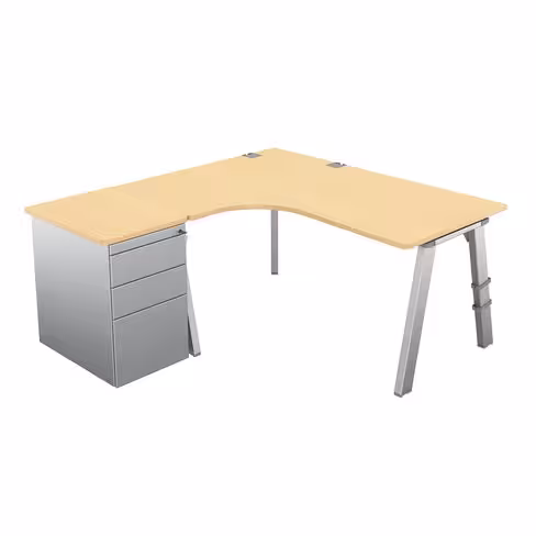 Bureau compact 90° asymétrique Fusion - l. 160 x l. 120 x pr 80-66 cm + caisson sur retour façade métallique - 4 pieds