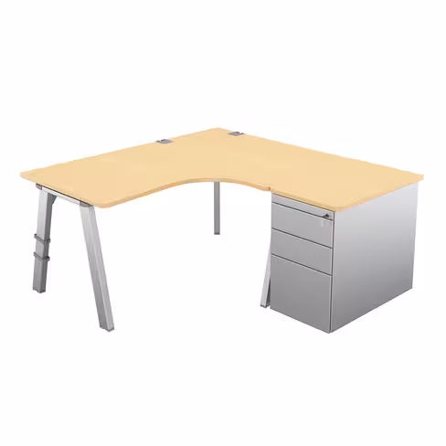 Bureau compact 90° asymétrique Fusion - l. 160 x l. 120 x pr 80-80 cm + caisson sur retour façade métallique - 4 pieds