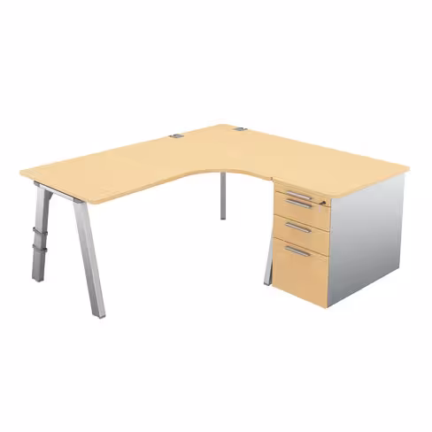 Bureau compact 90° asymétrique Fusion - l. 180 x l. 120 x pr. 80-80 cm + caisson sur retour façade mélaminé - 4 pieds
