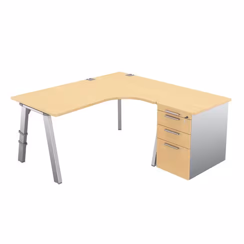 Bureau compact 90° asymétrique Fusion - l. 160 x l. 120 x pr. 80-66 cm + caisson sur retour façade mélaminé - 4 pieds