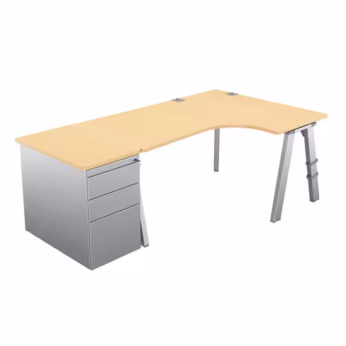 Bureau compact 90° asymétrique Fusion - l. 160 x l. 120 x pr. 80-66 cm + caisson façade métallique - 4 pieds