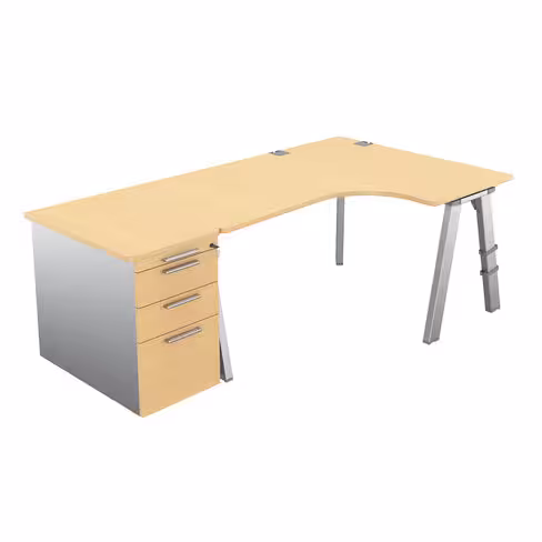 Bureau compact 90° asymétrique Fusion - l. 160 x l. 120 x pr. 80-66 cm + caisson façade mélaminé - 4 pieds