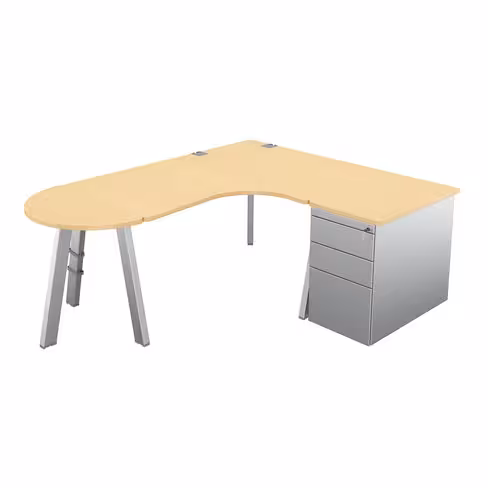 Bureau compact 90° asymétrique Fusion - l. 160 x l. 120 x pr. 80-80 cm + caisson façade métal + convivialité - 4 pieds