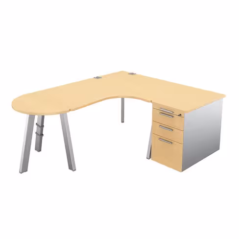 Bureau compact 90° asymétrique Fusion - l. 160 x l. 120 x pr. 80-80 cm + caisson mélaminé + convivialité - 4 pieds