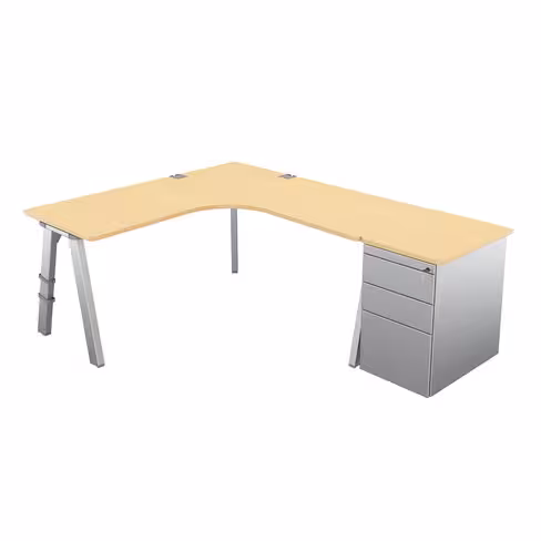 Bureau compact 90° symétrique Fusion - l. 160 x pr. 66 cm + caisson façade métallique - 4 pieds