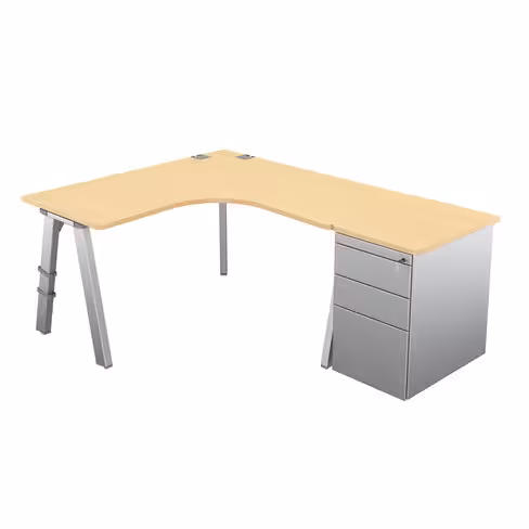 Bureau compact 90° symétrique Fusion - l. 140 x pr. 66 cm + caisson façade métallique - 4 pieds