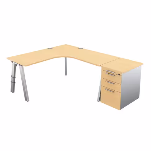 Bureau compact 90° symétrique Fusion - l. 160 x pr. 66 cm + caisson façade mélaminé - 4 pieds