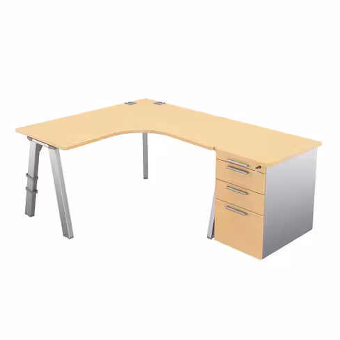 Bureau compact 90° symétrique Fusion - l. 140 x pr. 66 cm + caisson façade mélaminé - 4 pieds