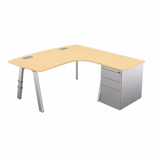 Bureau ergonomique compact 90° asymétrique Fusion - l. 170 x l. 120 x pr. 80-66 cm + caisson sur retour métal - 4 pieds