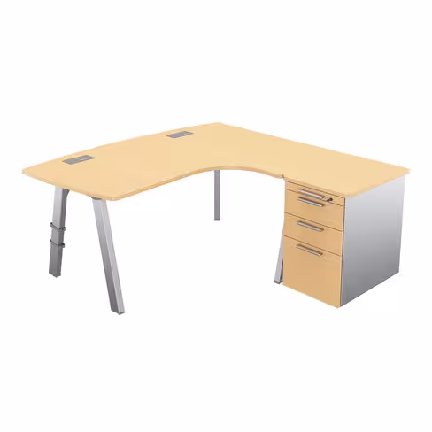 Bureau ergonomique compact 90° asymétrique Fusion - l. 170 x l. 120 x pr. 80-66 cm + caisson retour mélaminé - 4 pieds