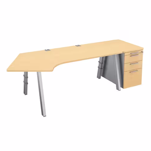 Bureau compact 120° asymétrique Fusion - l. 160 x l. 80 x pr. 80-66 cm + caisson façade mélaminé - 4 pieds