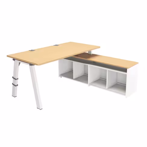 Bureau droit Fusion - l. 160 x pr. 80 cm - sur meuble de rangement ouvert l. 160 cm - 4 pieds