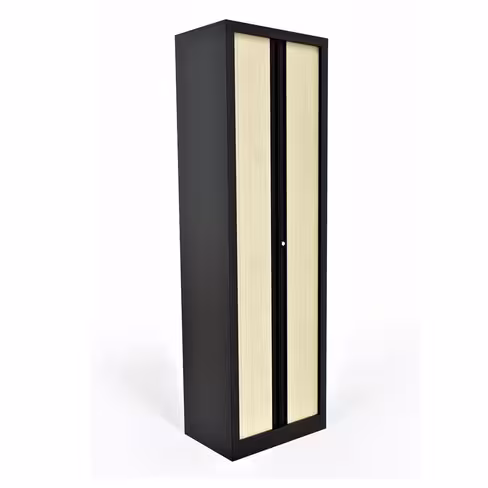 Armoire métallique Etic - h. 198 x l. 60 cm - 4 tablettes - décor bois - fermeture rideaux