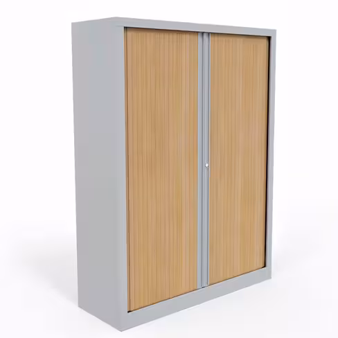 Armoire métallique Etic - h. 161 x l. 120 cm - 3 tablettes - décor bois - fermeture rideaux