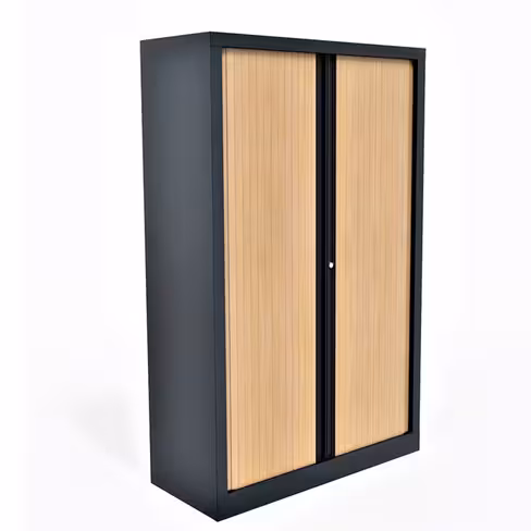 Armoire métallique Etic - h. 161 x l. 100 cm - 3 tablettes - décor bois - fermeture rideaux