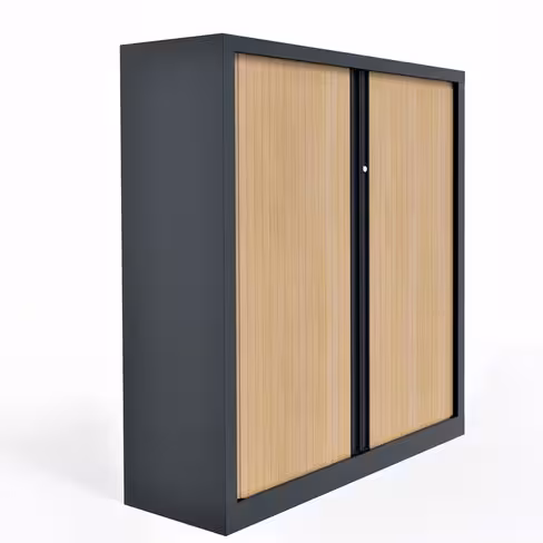Armoire métallique Etic - h. 136 x l. 120 cm - 3 tablettes - décor bois - fermeture rideaux