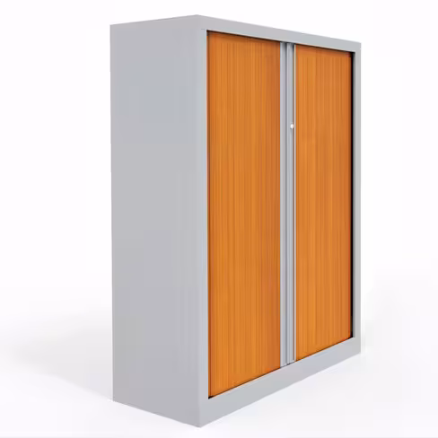Armoire métallique Etic - h. 136 x l. 100 cm - 3 tablettes - décor bois - fermeture rideaux