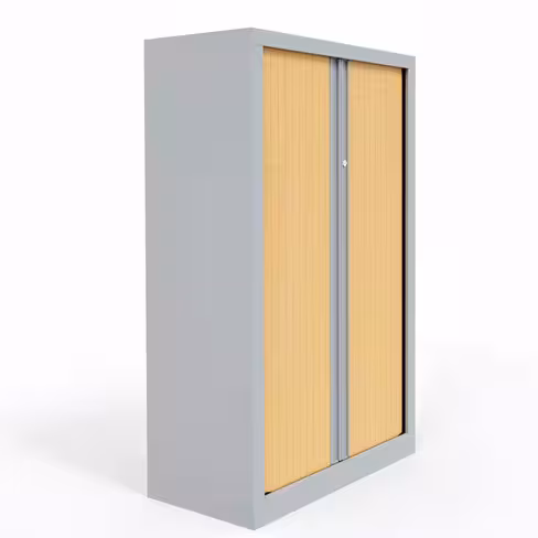 Armoire métallique Etic - h. 136 x l. 80 cm - 3 tablettes - décor bois - fermeture rideaux