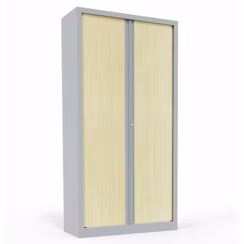 Armoire métallique Etic - h. 198 x l. 100 cm - 1/2 penderie - décor bois - fermeture rideaux