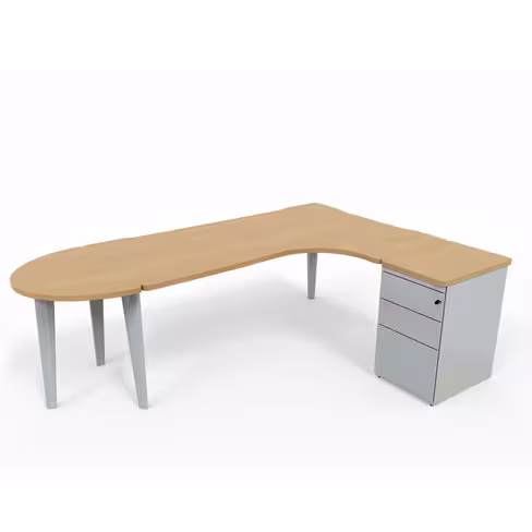 Bureau compact 90° asymétrique Evidence - l. 180 x l. 120 x pr. 80-60 cm + convivialité demi-lune + caisson h. bureau