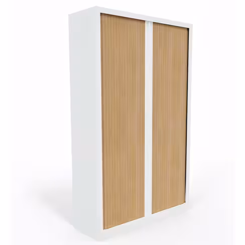 Armoire métallique Evidence - h. 198 x l. 120 cm - 4 tablettes - façade décor bois - fermeture rideaux