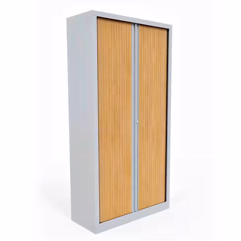 Armoire métallique Evidence - h. 198 x l. 100 cm - 4 tablettes - façade décor bois - fermeture rideaux