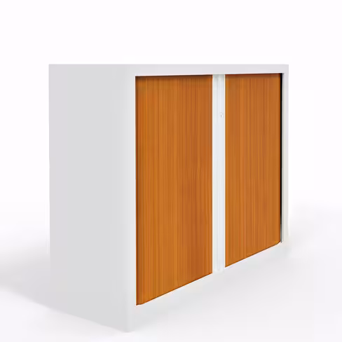 Armoire métallique Evidence - h. 100 x l. 120 cm - 2 tablettes - façade décor bois - fermeture rideaux