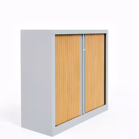 Armoire métallique Evidence - h. 100 x l. 100 cm - 2 tablettes - façade décor bois - fermeture rideaux