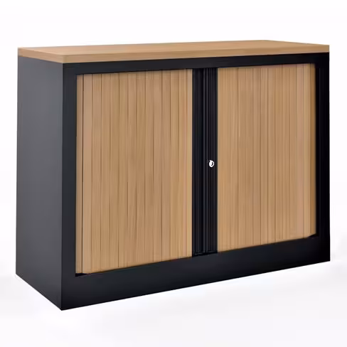 Armoire hauteur bureau métallique Evidence - l. 80 cm - 1 tablette - façade décor bois - fermeture rideaux