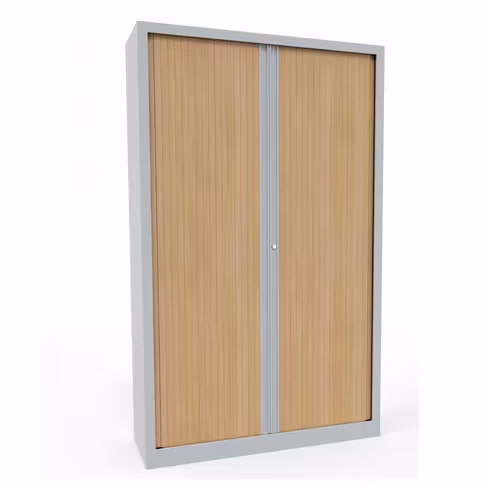 Armoire métallique Evidence - h. 198 x l. 120 cm - 4 tablettes - façade décor bois - ferm. rideaux - délai court