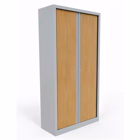 Armoire métallique Evidence - h. 198 x l. 100 cm - 4 tablettes - façade décor bois - ferm. rideaux - délai court