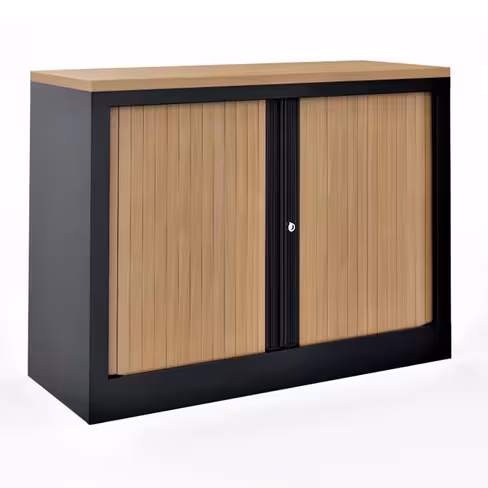 Armoire hauteur bureau métallique Evidence - l. 80 cm - 1 tablette - façade décor bois - ferm. rideaux - délai court