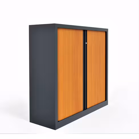 Armoire métallique Etic - h. 120 x l. 120 cm - 2 tablettes - décor bois - fermeture rideaux