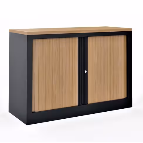 Armoire hauteur bureau métallique Evidence - l. 100 cm - 1 tablette - façade décor bois - fermeture rideaux