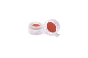 Bouchon à vis nd9, filet court orifice central PP bleu, revêt silicone blanc/PTFE rouge 1,0 mm, 5 5° shore A x 1000