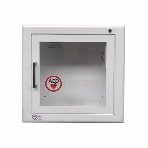 Boîtier mural métallique vitré Physio Control, avec alarme [distribué par Stryker] [hôpitaux, SDIS]