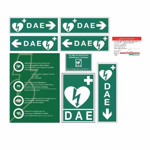 Pack de signalétiques DAE {1 'DAE', 1 'site équipé', 2 'DAE flèche droite', 2 'DAE flèche gauche', 1 'DAE flèche bas'}