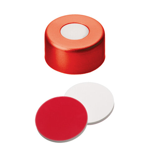 UltraClean Closure 11 mm alu Cap, red lacquered, centre hole, silic white/PTFE red, 45deg shore A, 1.3 mm x 1000