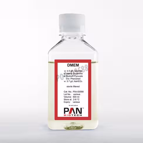 Dmem 4.5g/l glucose avec glut stable,pyruvate,3.7g/l nahco3 sans phenol 500 ml
