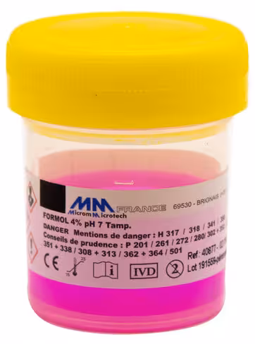 Flacons 20 ml - 10 ml de formol ROSE tamponné 4 % M/V ou 10 % V/V - Capes JAUNES