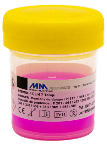 Flacons 20 ml - 10 ml de formol ROSE tamponné 4 % M/V ou 10 % V/V - Capes JAUNES