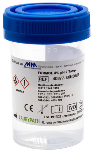 Flacons 60 ml - 30 ml de formol tamponné 4 % M/V ou 10 % V/V Capes BLEUES