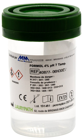 Flacons 60 ml - 30 ml de formol tamponné 4 % M/V ou 10 % V/V Capes VERTES