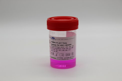 Flacons 60 ml - 30 ml de formol ROSE tamponné 4 % M/V ou 10 % V/V - Capes ROUGES